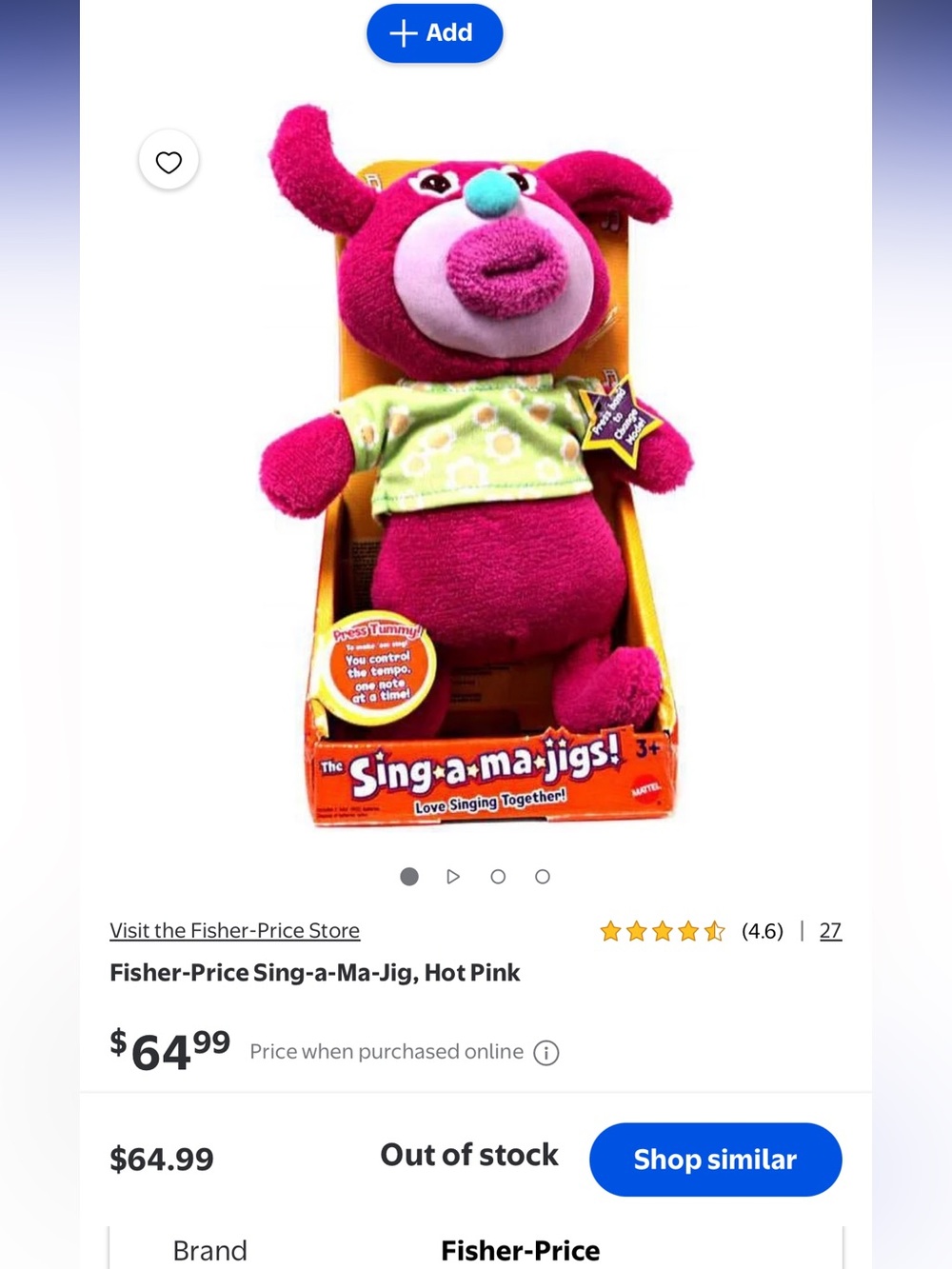 Fisher-Price Pink Plush Sing-a-ma-jigs Musical Toy